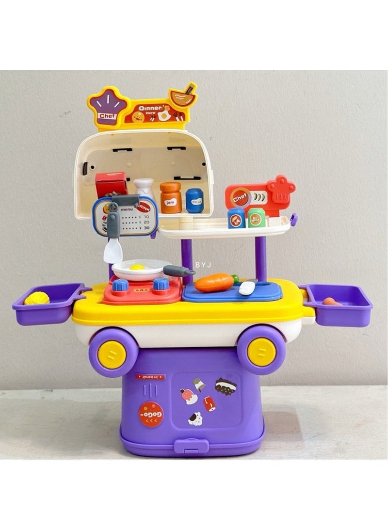 Hihonor Kids' Pull-String Cart Playset with Medical Makeup Station & Storage – Interactive Multifunctional Cooking and Baking Toy for Youngsters, Plastic, Educational Role-Playing Game (Purple) - Image 1